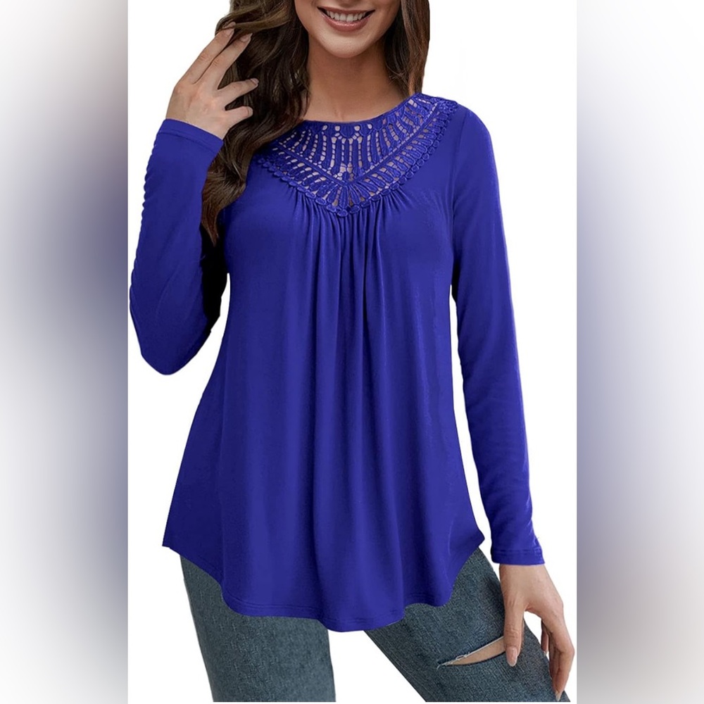 227. AAMILIFE Women’s Plus size Tee Long Sleeve Shirts Lace Pleated Tunic Causal